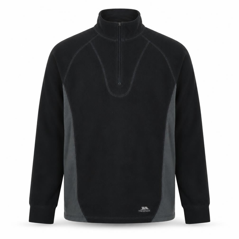 Front view of Trespass Men’s Black Fleece Sweatshirt, size S, Logo Accent