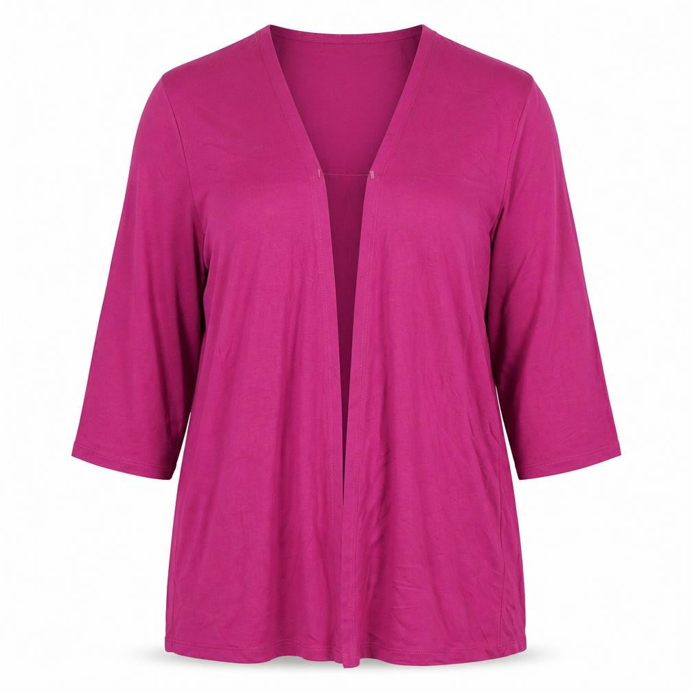 Front view of Cotton Traders Women's Pink 3/4 Sleeve V-Neck Open Front Top