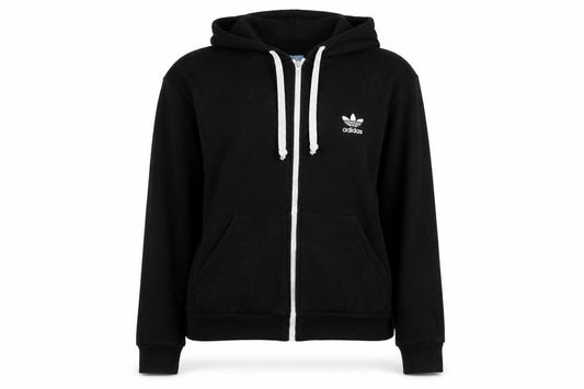 Front view of Adidas unisex black full zip hoodie, size L