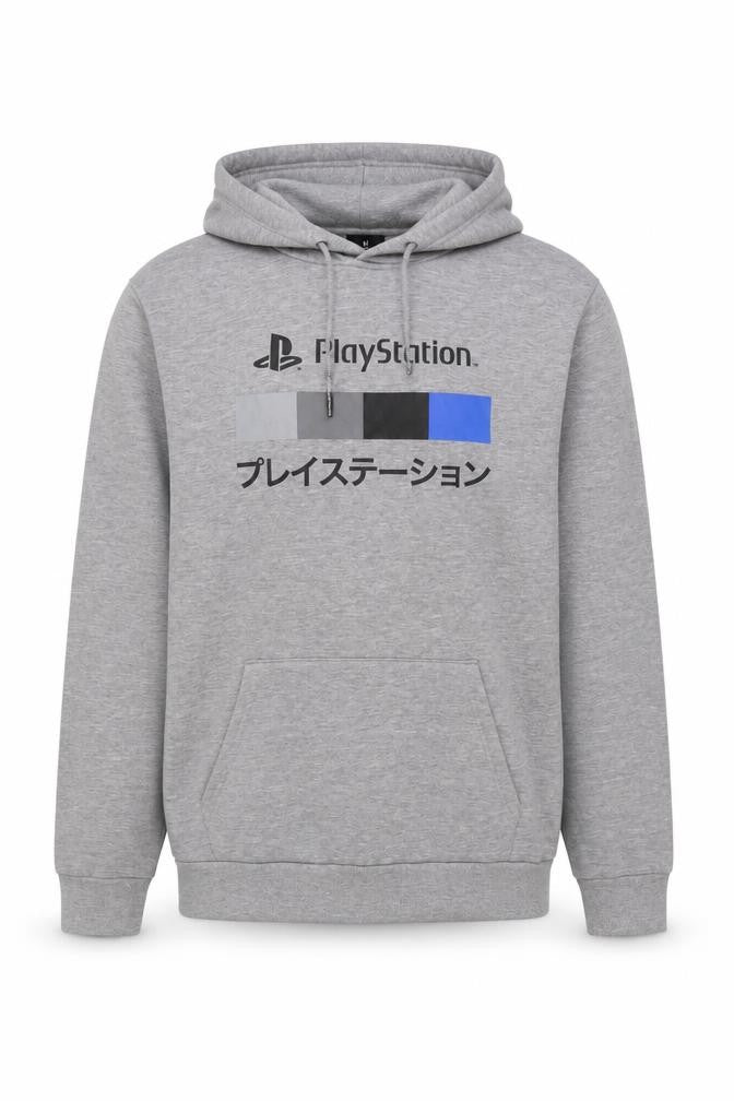 Front view of PlayStation Men's Grey Hoodie M Pullover Logo