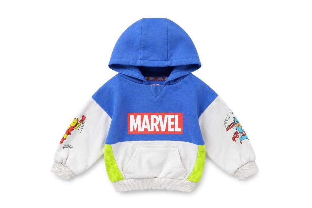 Front view of Marvel unisex baby blue jacket 6-9 months hooded
