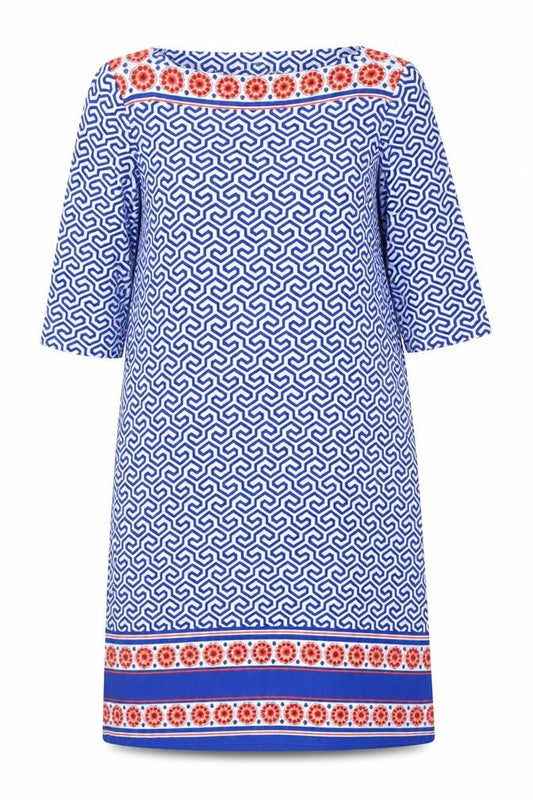 Front view of Donna Morgan Women's Blue Geometric Dress, size 16