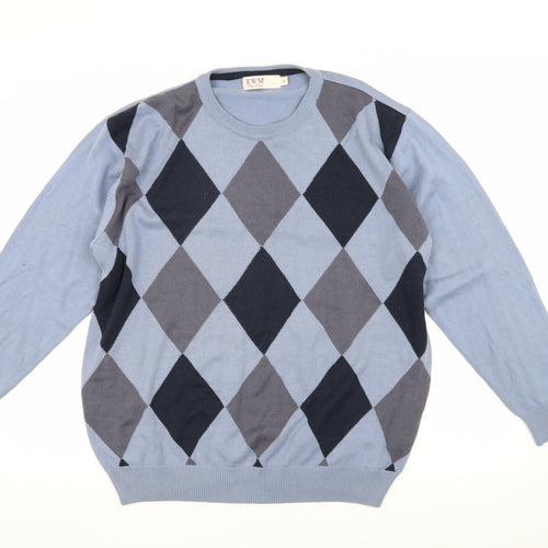 EWM Men's Blue Argyle Jumper Size L Cotton Acrylic