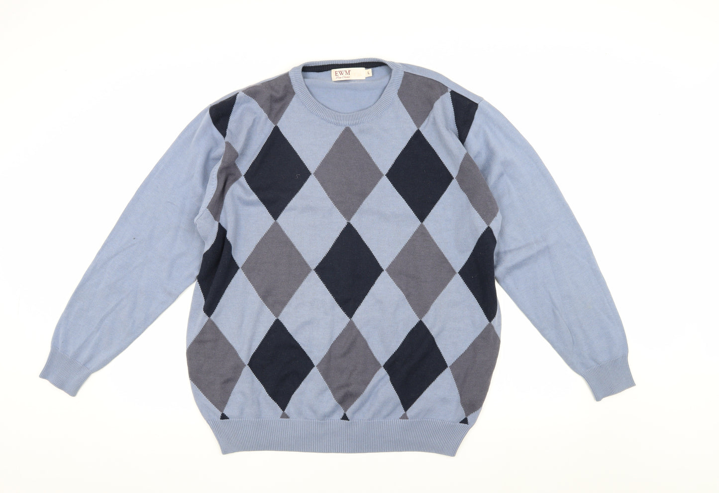 EWM Men's Blue Argyle Jumper Size L Cotton Acrylic