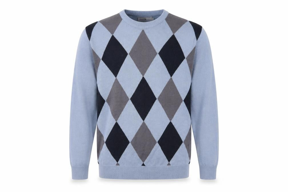 Front view of EWM Men's Blue Argyle Jumper, size L, Cotton Acrylic