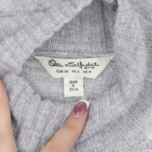 Miss Selfridge Women's Grey Cable-Knit Jumper Size 6