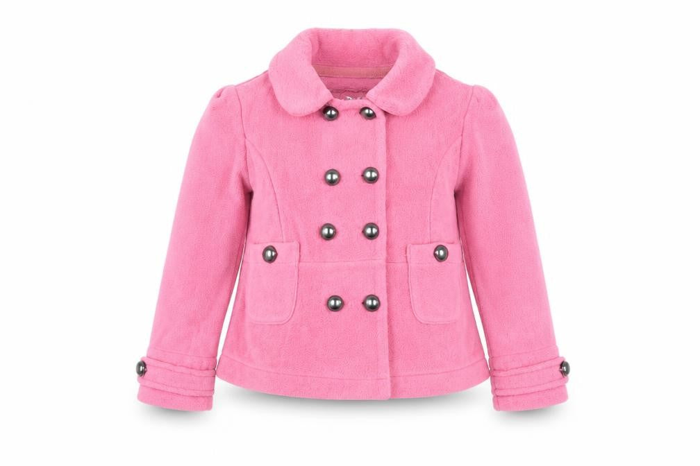 Front view of Next girls’ pink pea coat, size 5, years, double-breasted