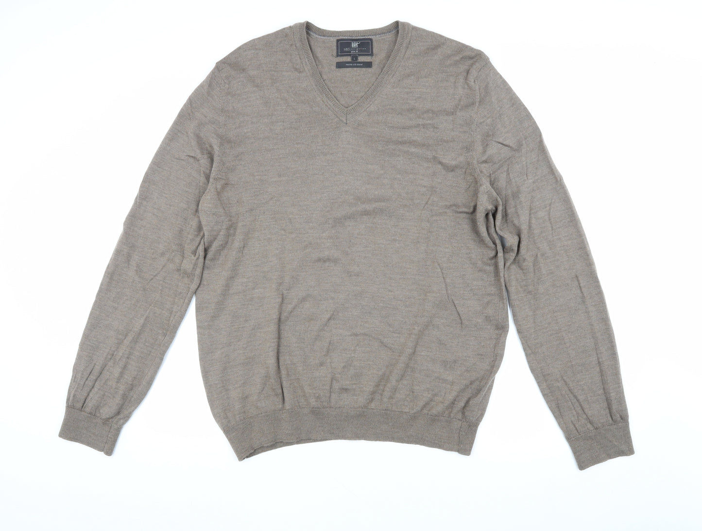 Marks and Spencer Men's Beige Slim Fit V-Neck Jumper