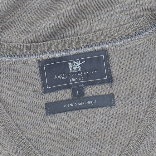 Marks and Spencer Men's Beige Slim Fit V-Neck Jumper