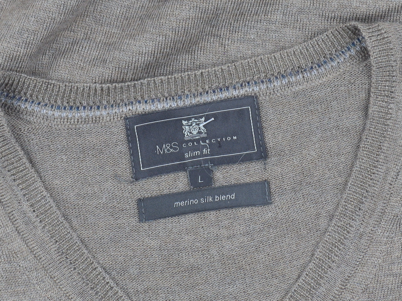Marks and Spencer Men's Beige Slim Fit V-Neck Jumper