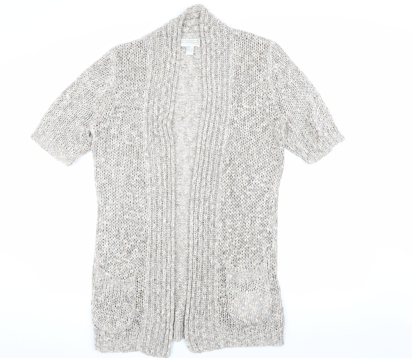 Creation L Women's Grey Open Front Cardigan, Size 14, Open-Knit Short Sleeve