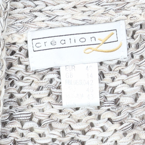 Creation L Women's Grey Open Front Cardigan, Size 14, Open-Knit Short Sleeve