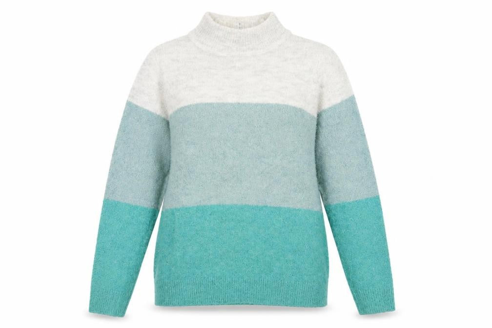 Front view of Spirit Women's Blue Striped jumper Mock Neck, size 14