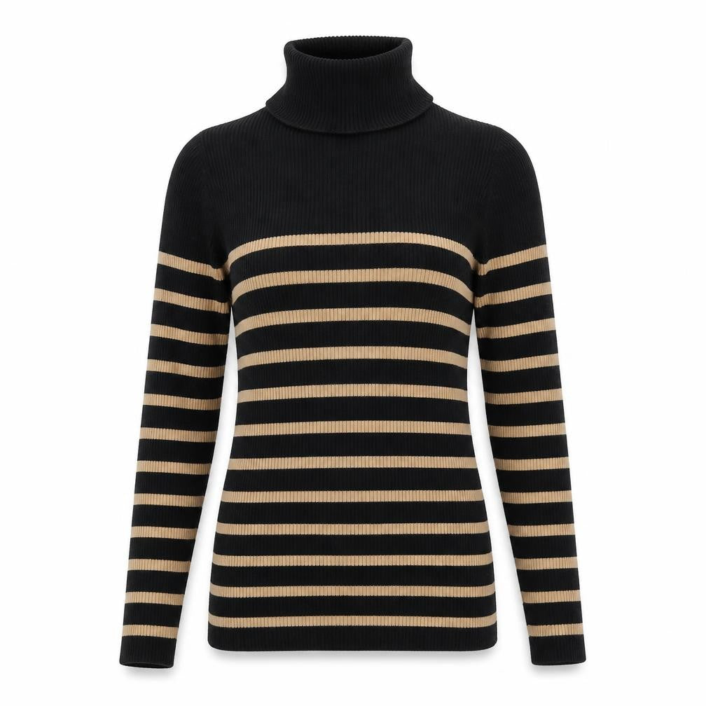 Front view of Next Women's Black Roll Neck Striped Jumper UK 8 Regular