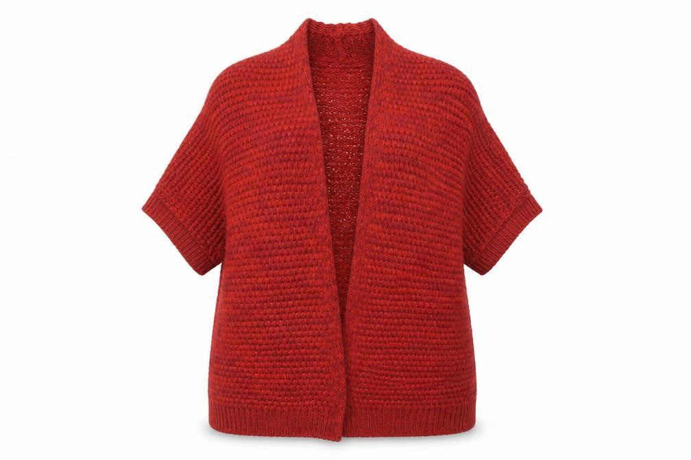 Front view of M&Co Women's Red Open Front Cardigan, size 16, Chunky-Knit for Winter
