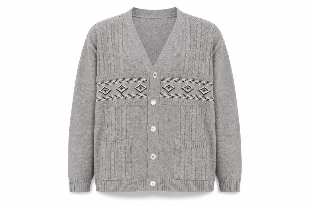 Front view of Reflect Women's Grey Geometric Cardigan 7XL