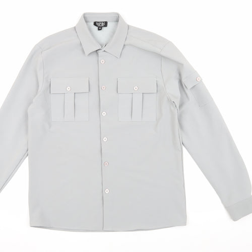 boohooMAN Mens Grey Long Sleeve Button-Up Shirt M