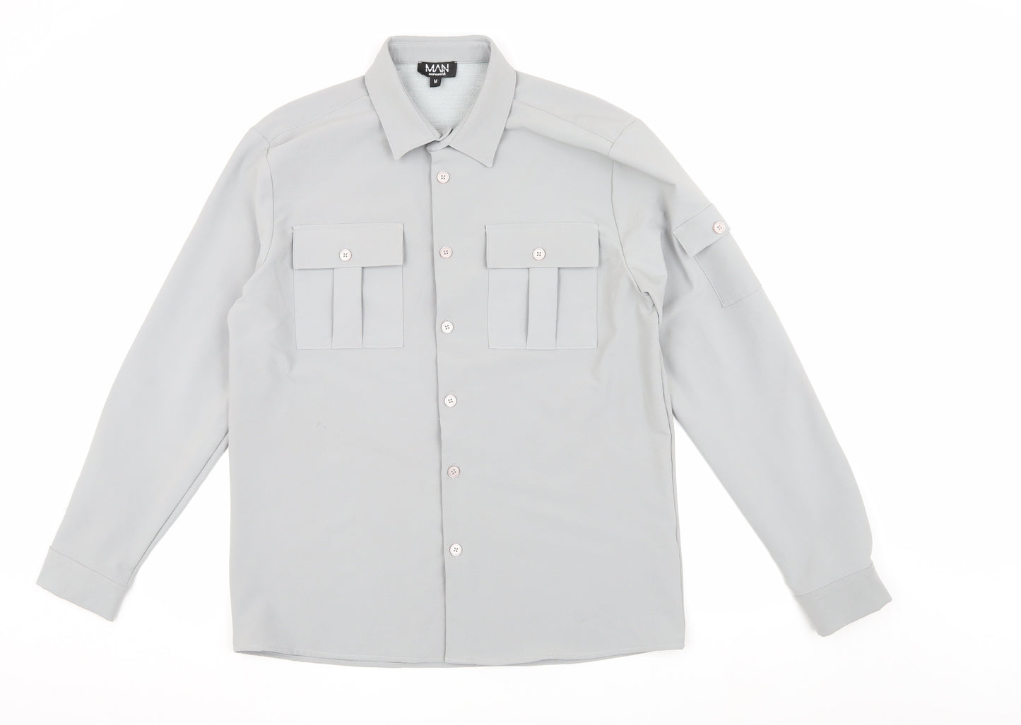 boohooMAN Mens Grey Long Sleeve Button-Up Shirt M