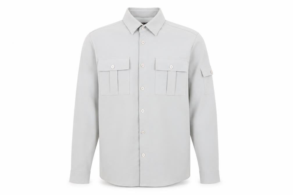 Front view of boohooMAN men’s grey long sleeve button-up shirt m