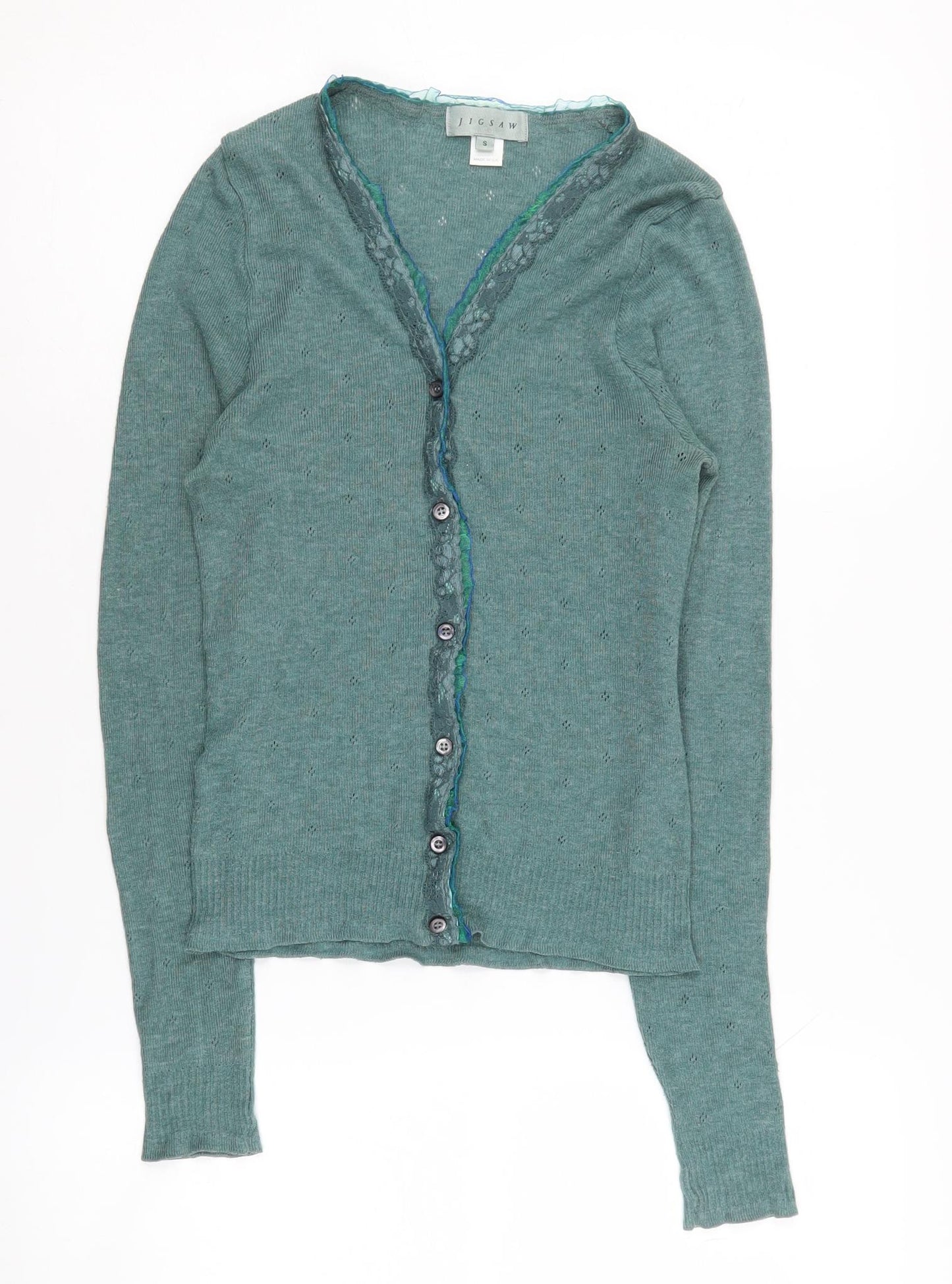 Jigsaw Women's Green Cardigan - Size S, V-Neck, Button Accents