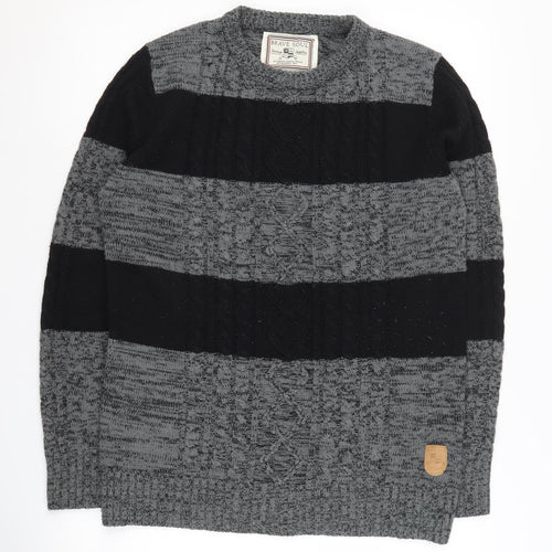 Brave Soul Men’s Striped Pullover Jumper, S, Black/Grey