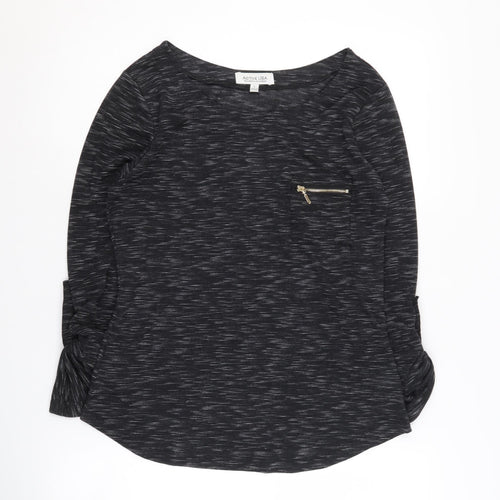 Active USA Women's Black 3/4 Sleeve Top, L, Zip Accent