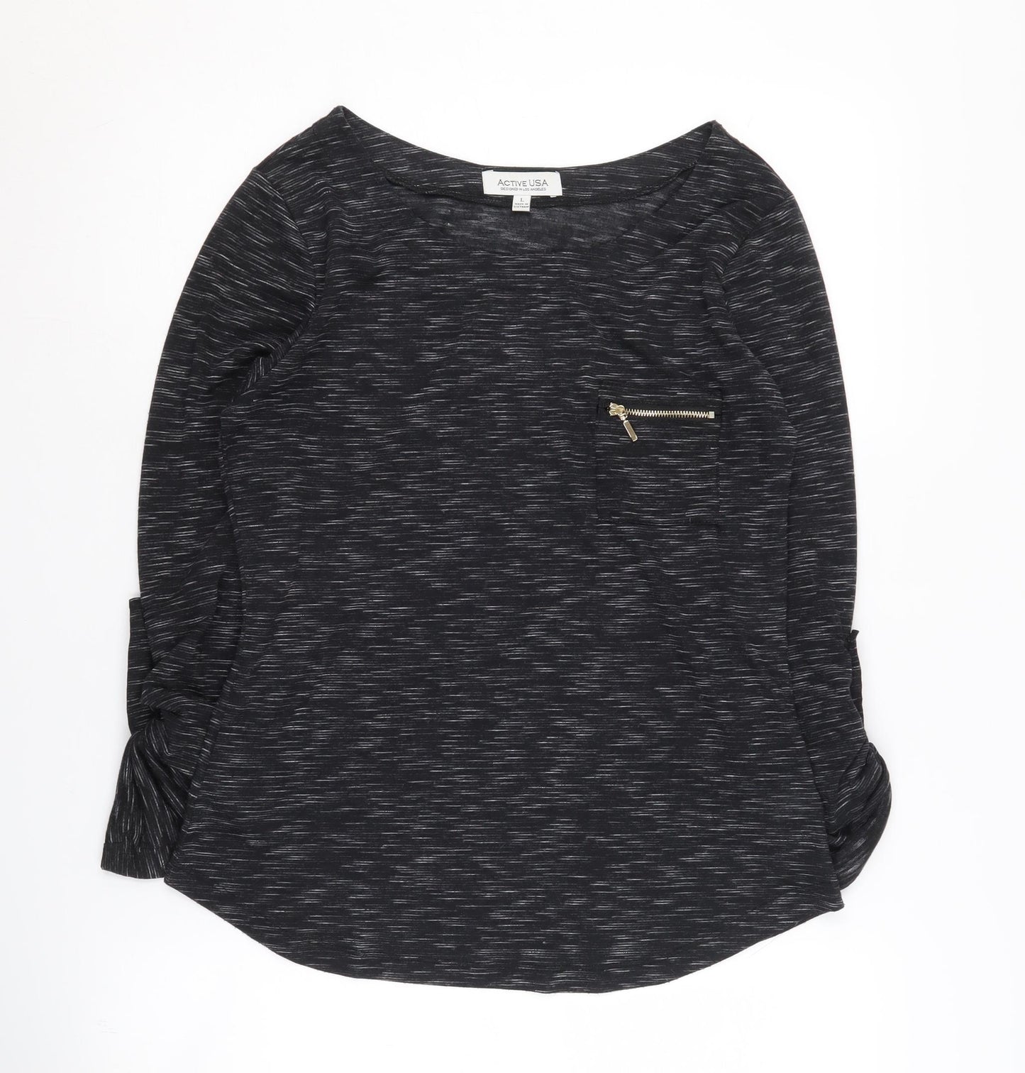 Active USA Women's Black 3/4 Sleeve Top, L, Zip Accent