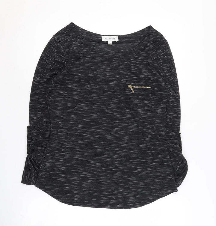 Active USA Women's Black 3/4 Sleeve Top, L, Zip Accent