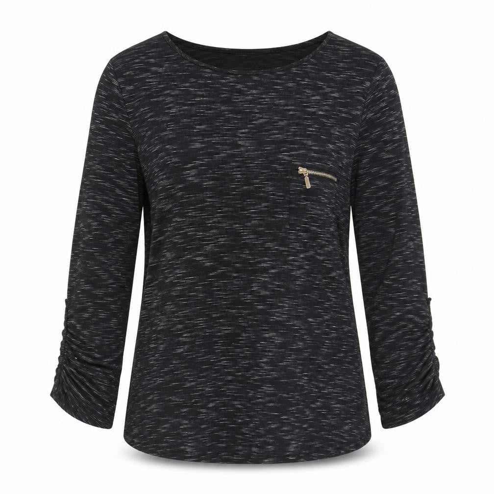 Front view of Active USA Women's Black 3/4 Sleeve Top, L, Zip Accent