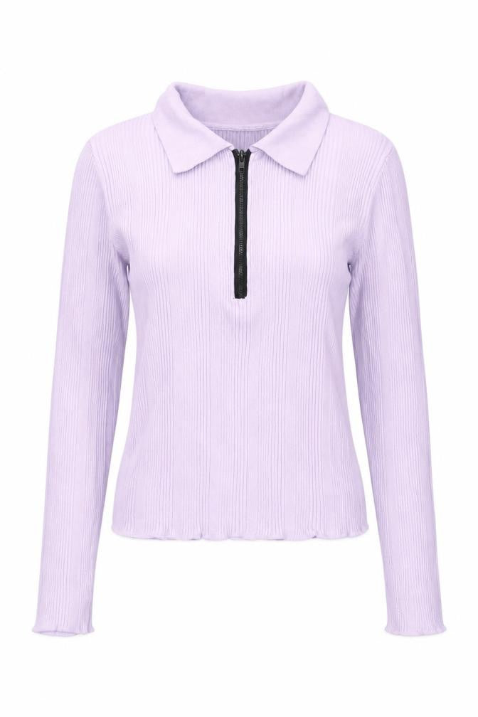 Front view of ASOS Women’s Purple Ribbed Collared Top