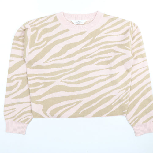 H&M Girls Pink Beige Animal Print Pullover Jumper 12-13 Years