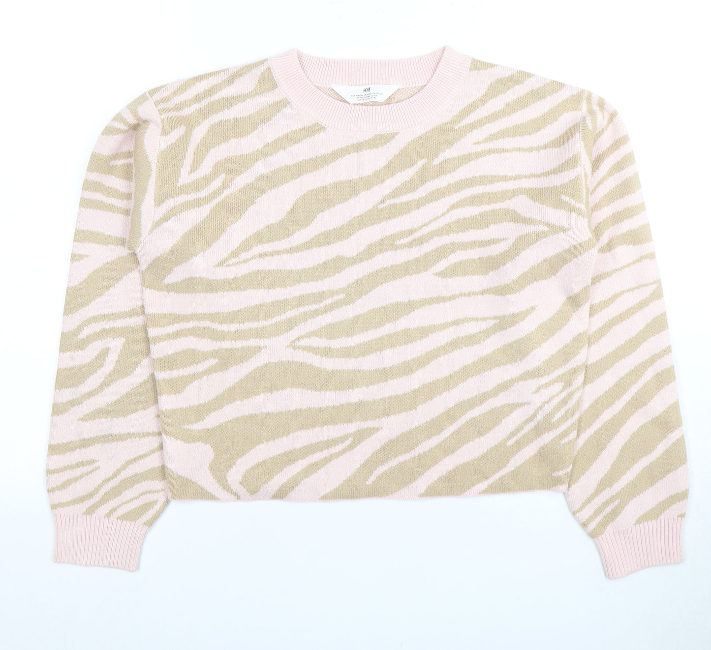 H&M Girls Pink Beige Animal Print Pullover Jumper 12-13 Years