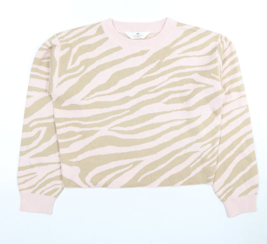 H&M Girls Pink Beige Animal Print Pullover Jumper 12-13 Years