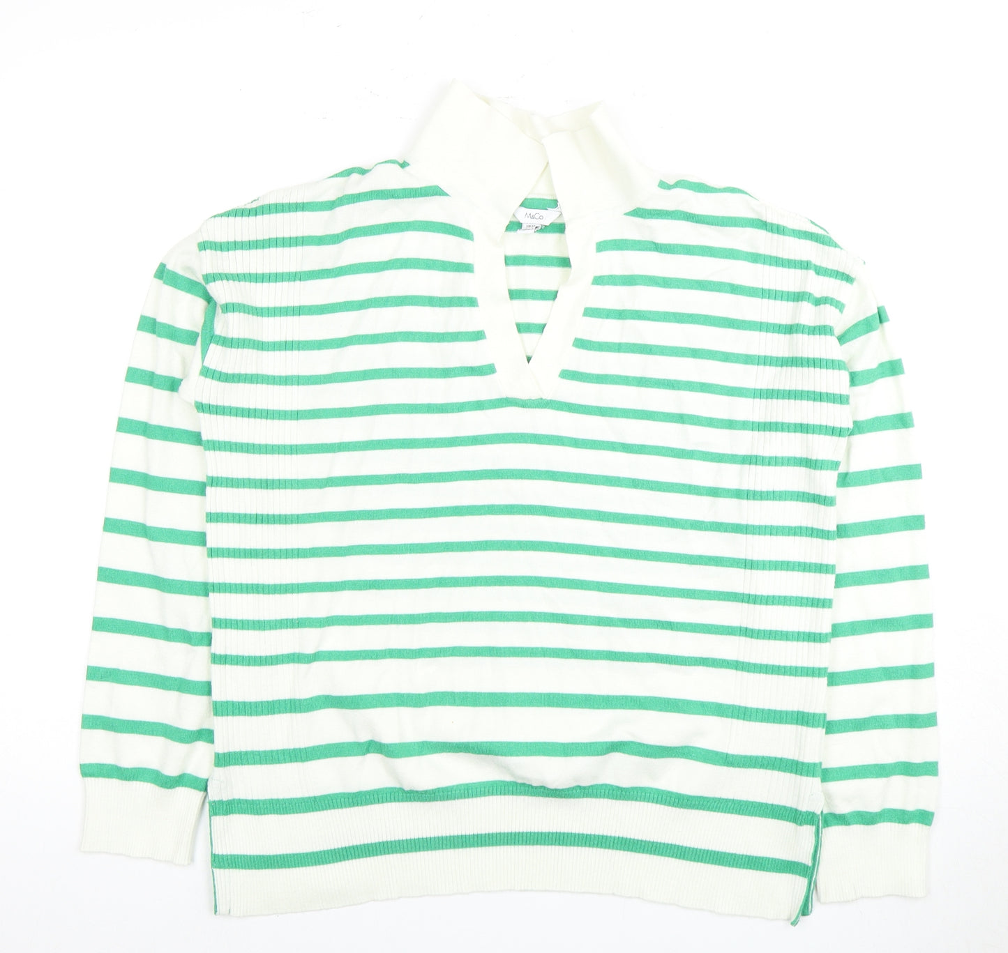 M&Co Women's White Striped V-Neck Top Size 12