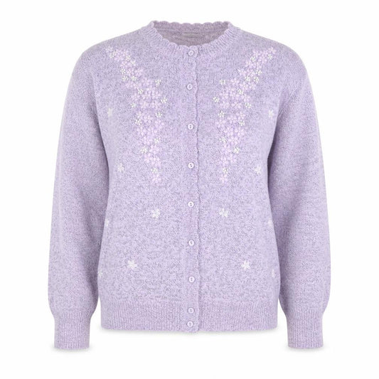 Front view of Classics Women's Purple Cardigan, size 12/14, Embroidered Knit