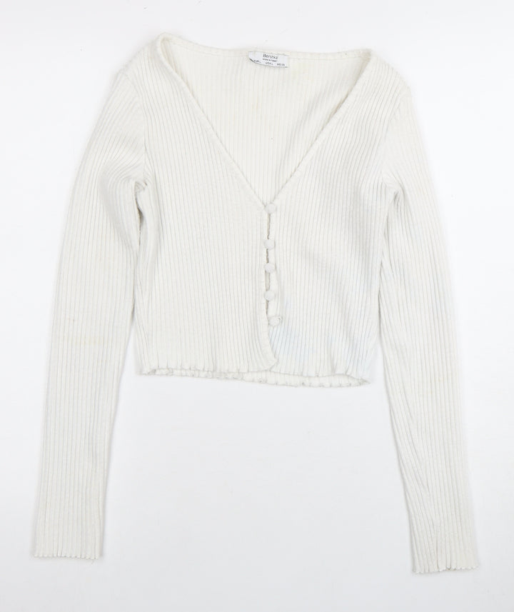 Bershka Women's White Cardigan, Size 2, V-Neck