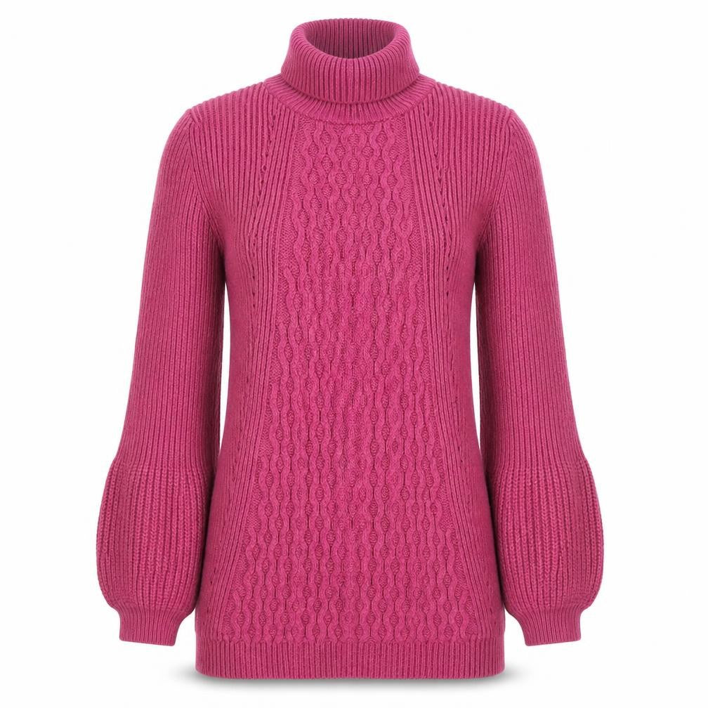 Front view of Cape Daisy Women's Pink Cable-Knit Roll Neck Jumper, Regular Fit