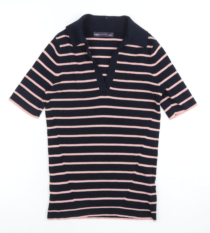Marks & Spencer Women's Small Navy Pink Striped Polo