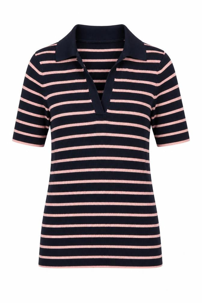 Front view of Marks & Spencer Women's Small Navy Pink Striped Polo