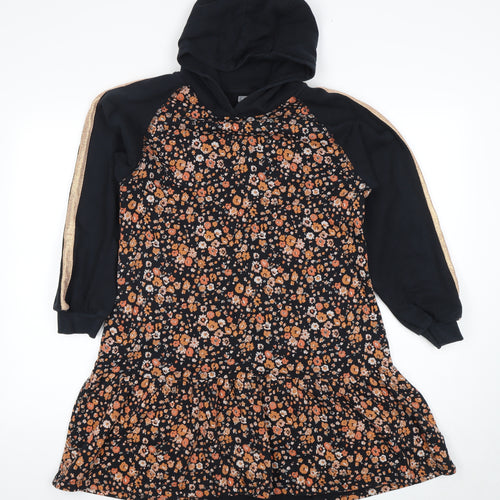 Next Girls Black Floral Hooded Dress, 13 Years, Casual Wear