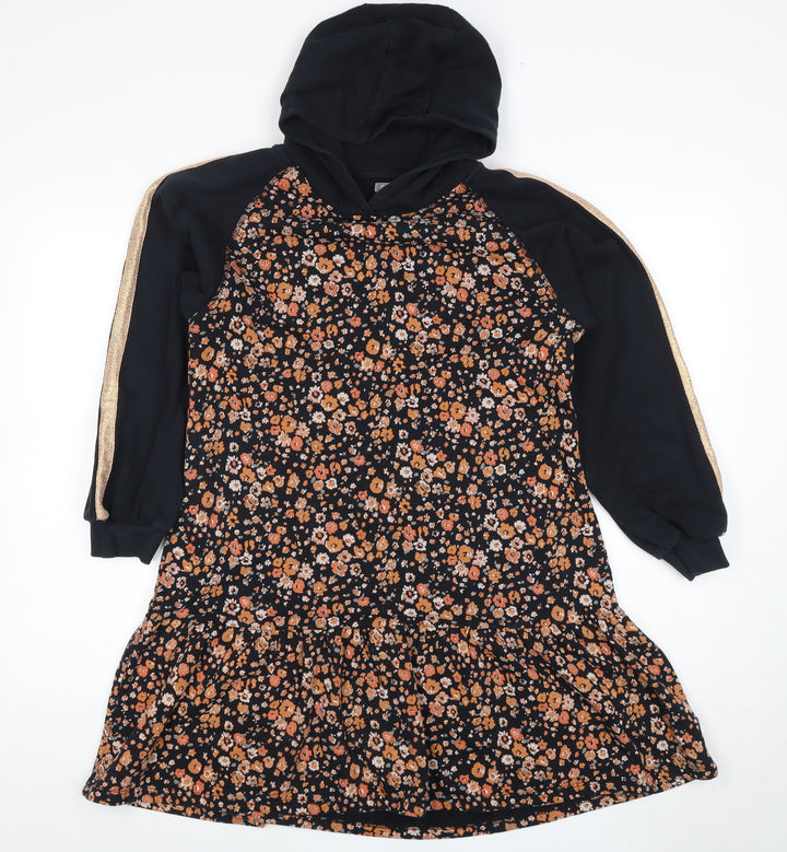 Next Girls Black Floral Hooded Dress, 13 Years, Casual Wear