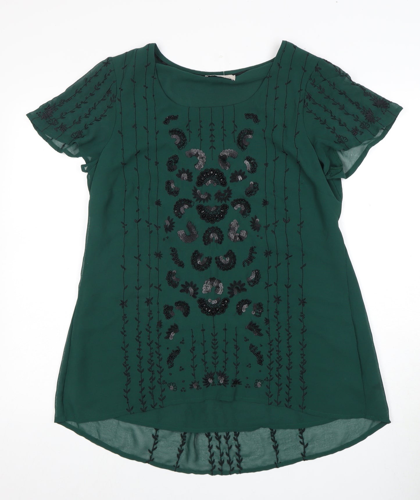 Marks and Spencer Green Embroidered Top, Size 14, Short Sleeve