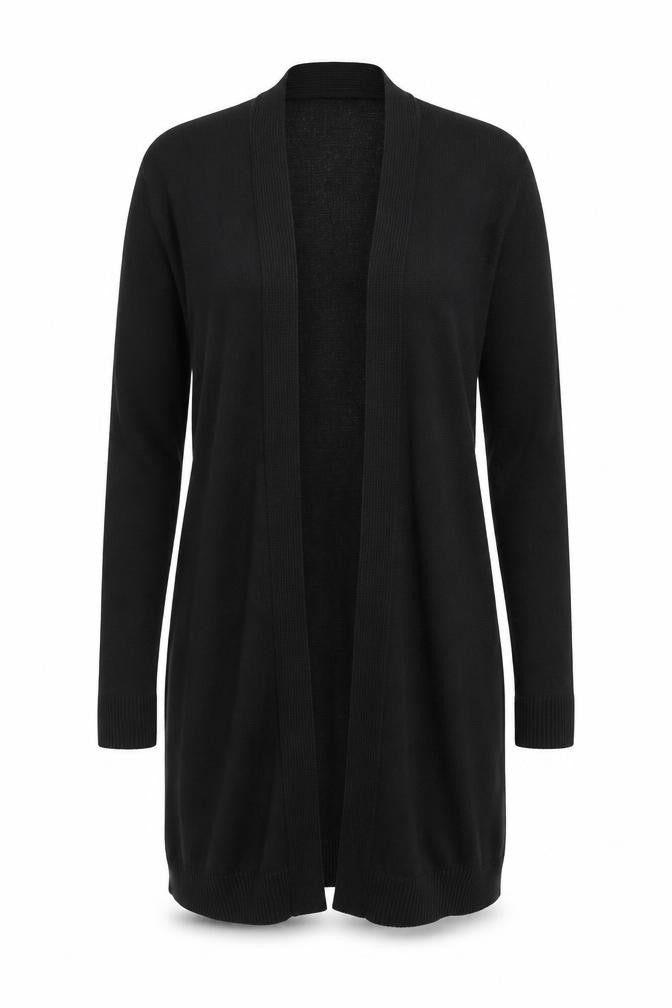 Front view of Warehouse Women's Black Open Front Cardigan, size 12