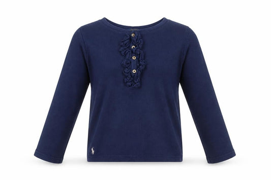 Front view of Polo Ralph Lauren girls’ blue long sleeve pullover t-shirt - 10 years