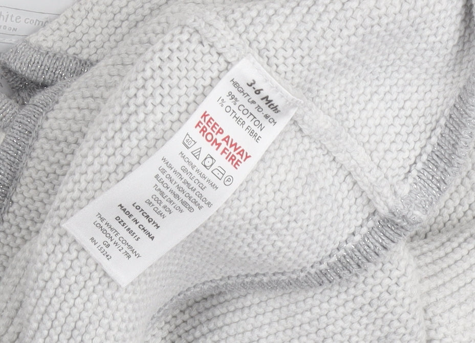 The White Company Grey Unisex Baby Cardigan 3-6 Months Knit Autumn Winter