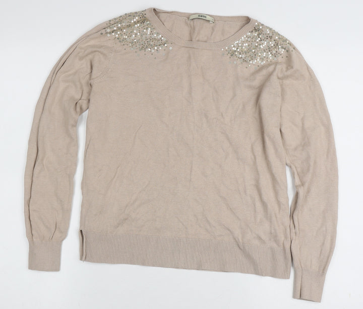 Oasis Women's Beige Pullover Jumper, Sequin Accent, Medium