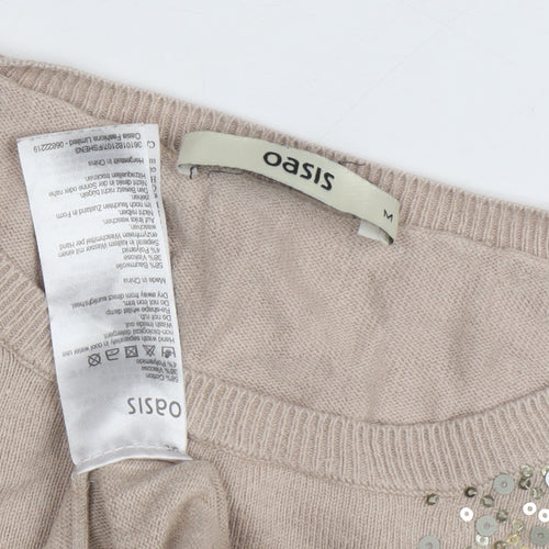 Oasis Women's Beige Pullover Jumper, Sequin Accent, Medium