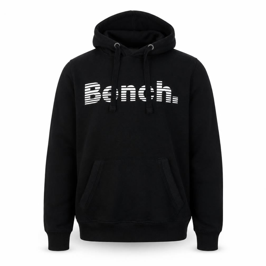 Front view of Bench men’s black graphic hoodie, size S