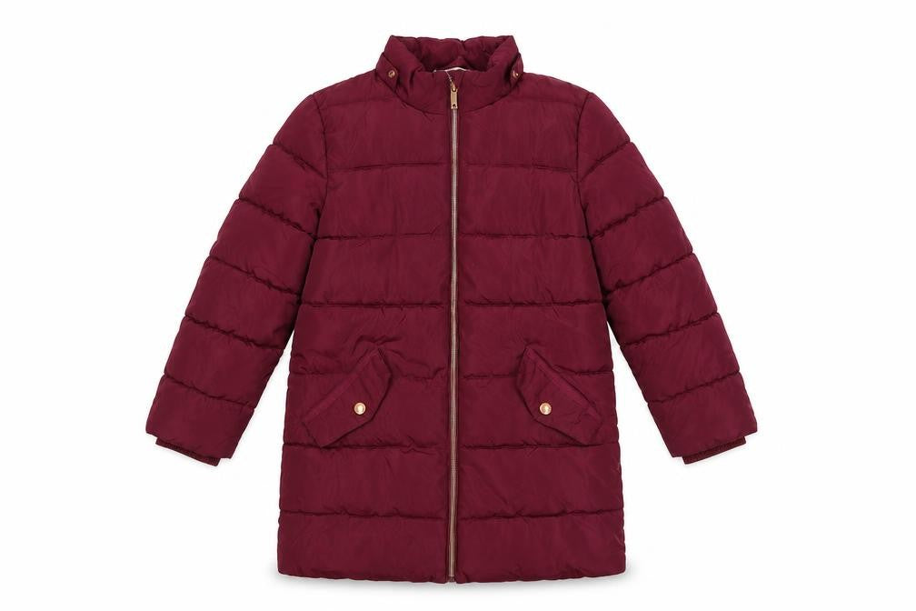 Front view of John Lewis girls’ red puffer jacket 9 years