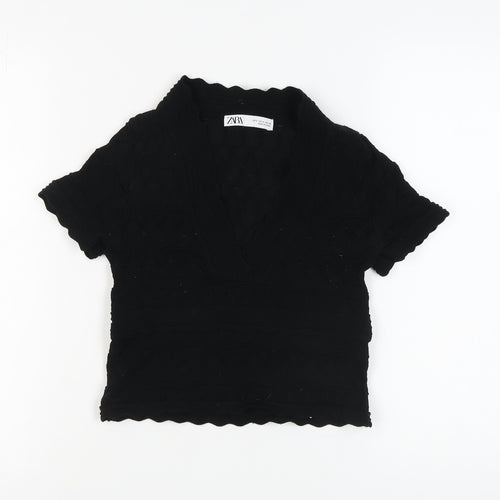 Zara Women's Black V-Neck Short Sleeve Knit Top Size 8